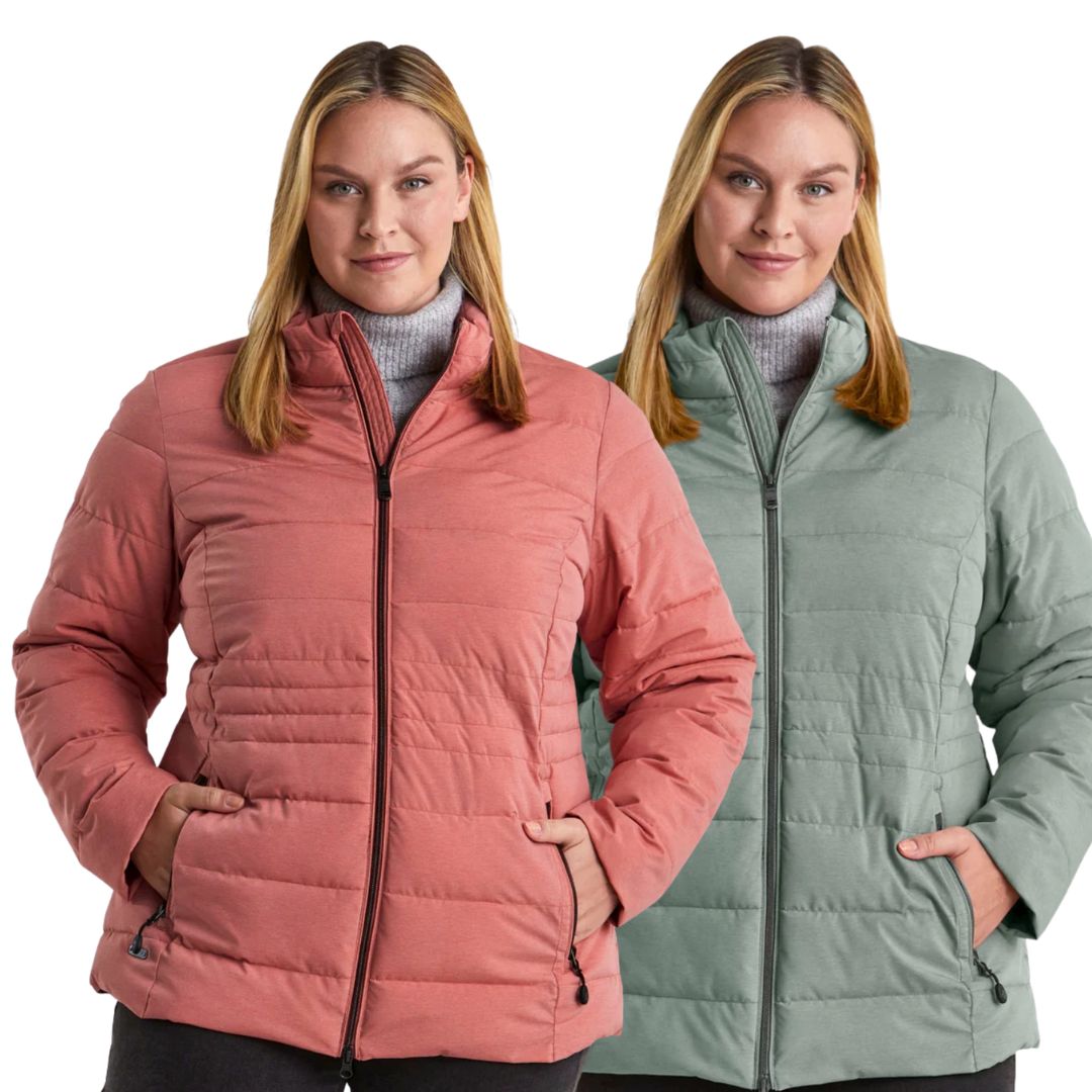 Two size 22 women modeling quilted puffer jackets against a plain white background, with one jacket in dusty coral pink in front and one jacket in sage green behind.