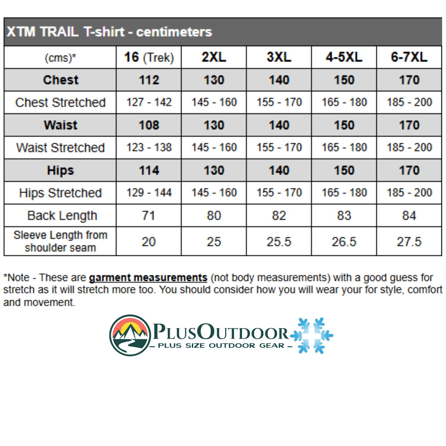 Size chart for XTM Trail T-shirt with Plus Outdoor logo