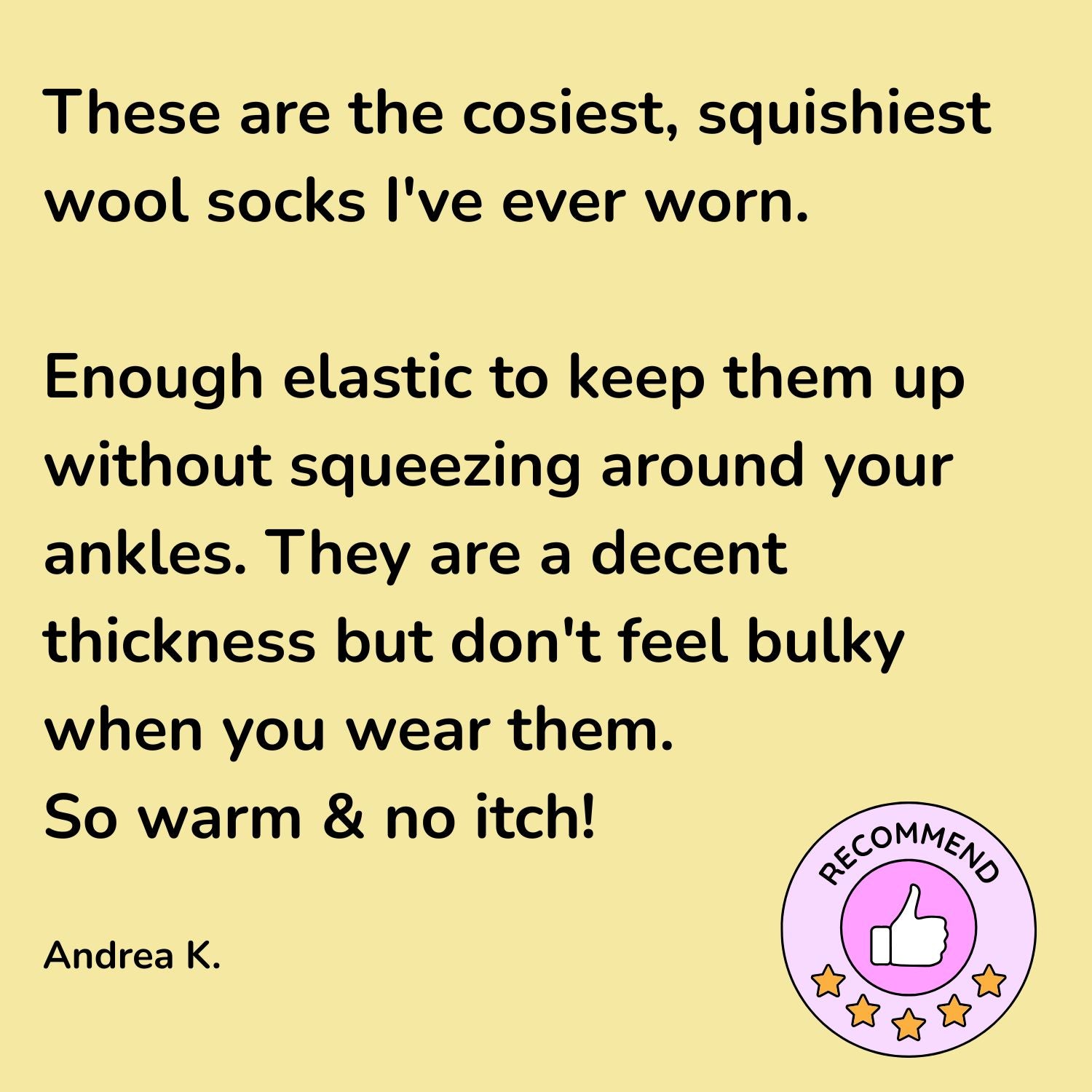 Product review for wool socks with text and a rating icon on a yellow background