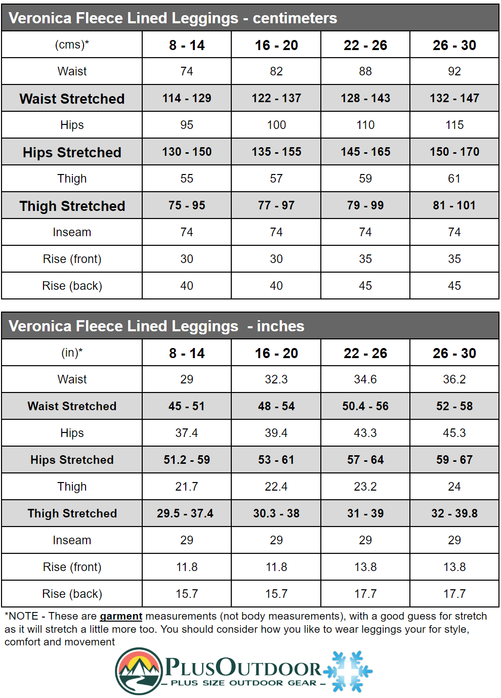 Veronica Fleece Lined Women's Plus-Size Leggings Size Chart