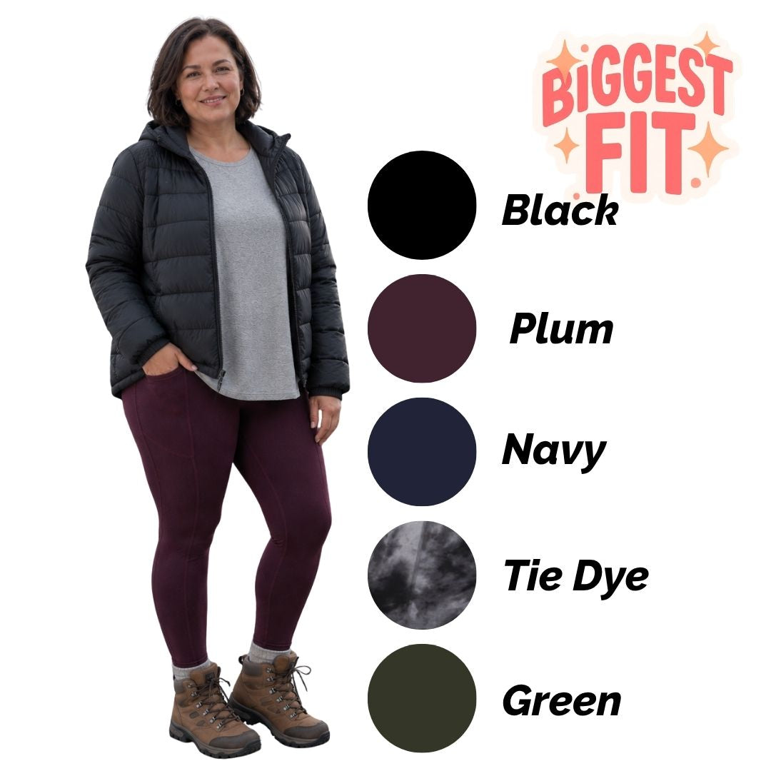 Product graphic for Veronica Fleece Lined Women's Plus-Size Leggings, featuring a model in plum leggings and a list of available color swatches.