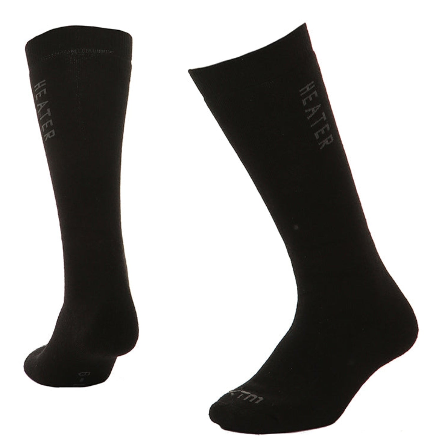XTM Black socks with 'HEATER' branding on a white background