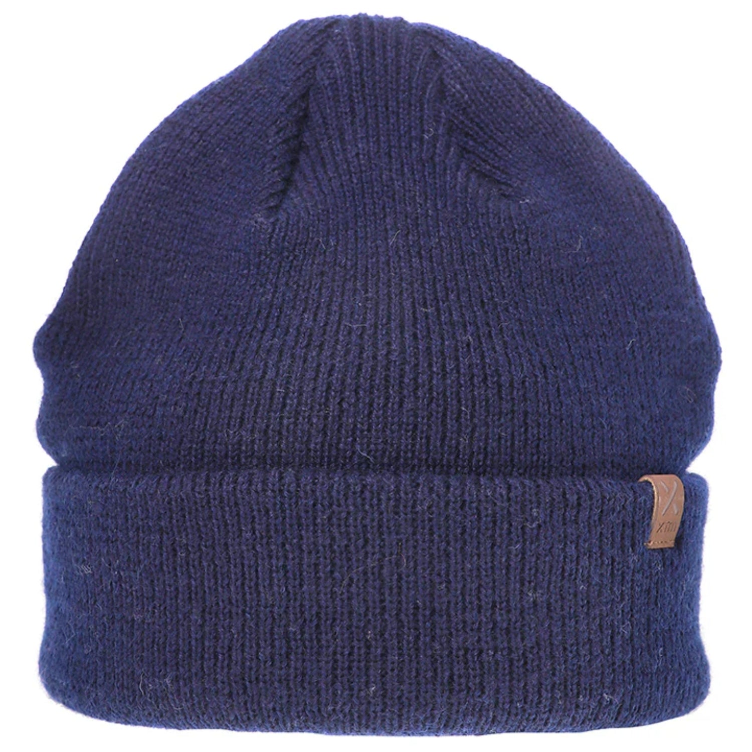 Dark navy merino wool knit beanie on a white background