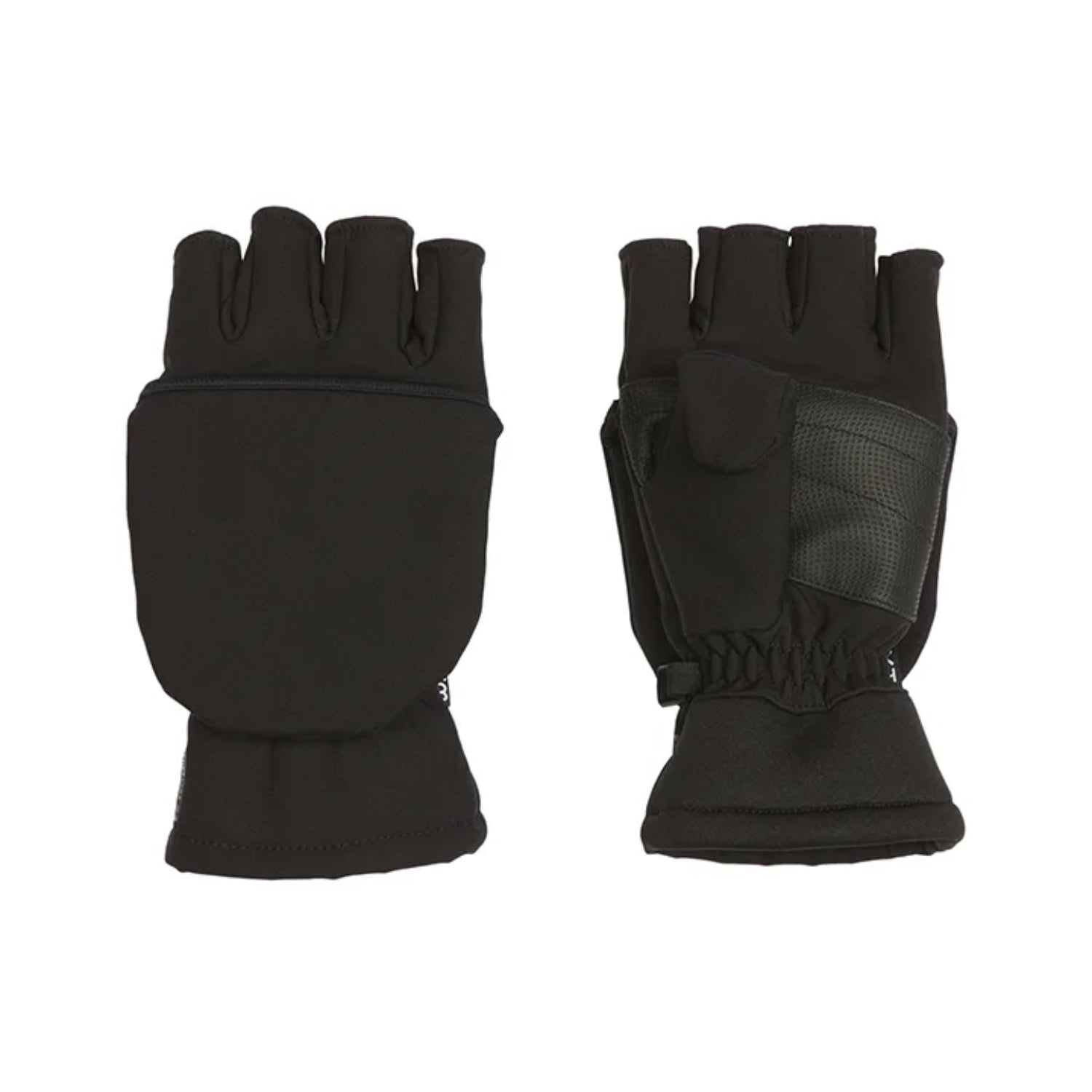 Pair of black fingerless gloves on a white background with a hooded design for convertable convenience