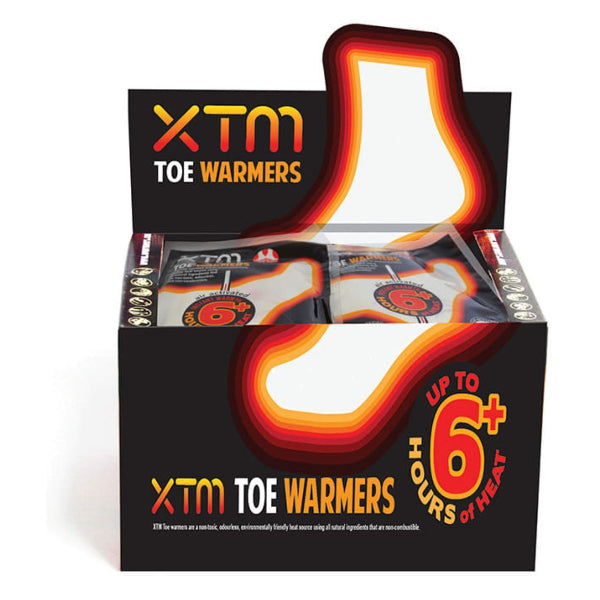 Box of XTM Toe Warmers with branding and product details on a white background
