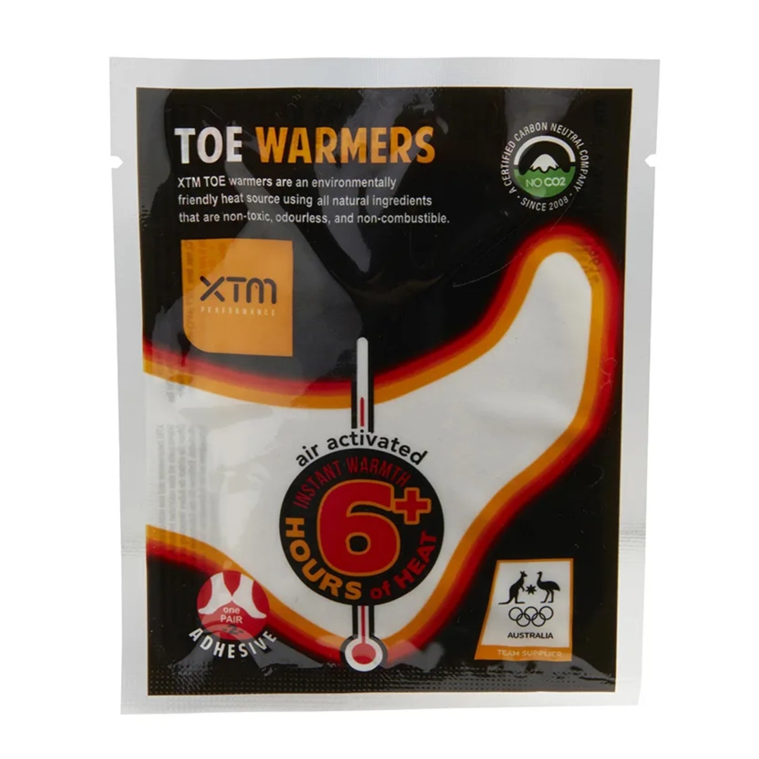 Package of XTM toe warmers with branding and product details on a white background