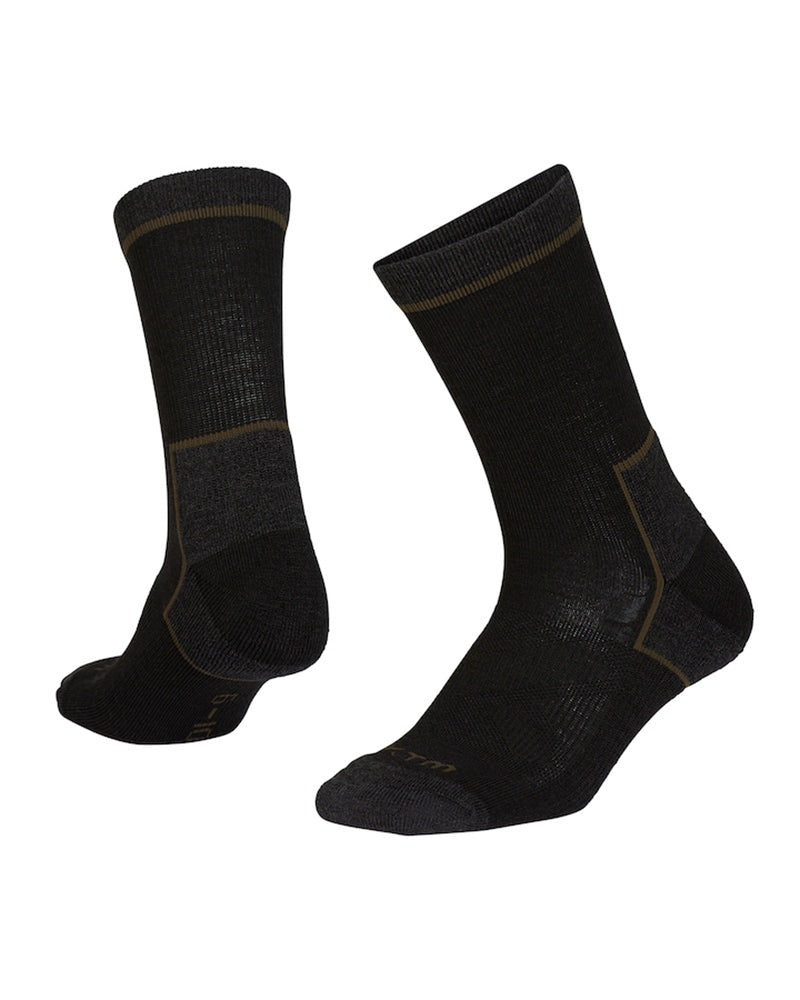 A pair of black plus size XTM Venture merino wool-blend socks with visible compression bands and cushioning, designed for outdoor activities.