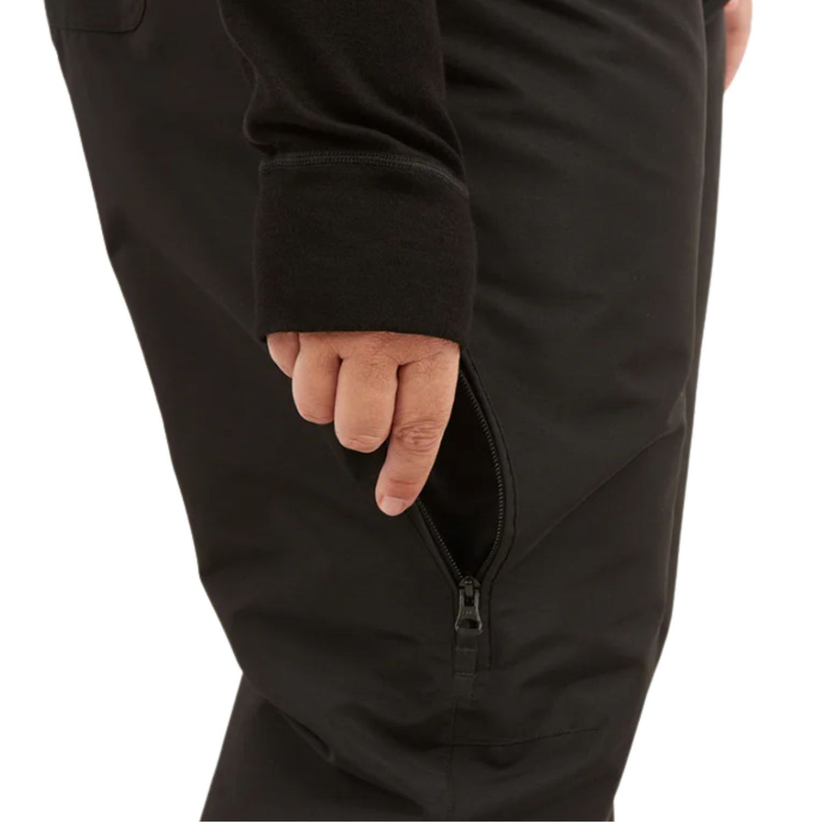 Close-up of a person wearing black pants, showing a hand reaching into a zippered pocket on the leg.