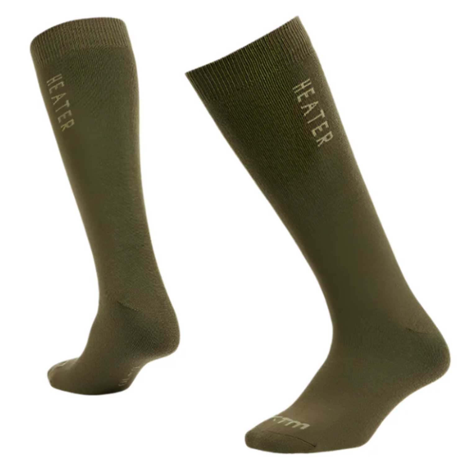 Pair of green woollen socks with 'HEATER' branding down the calf of the leg and XTM on the toe