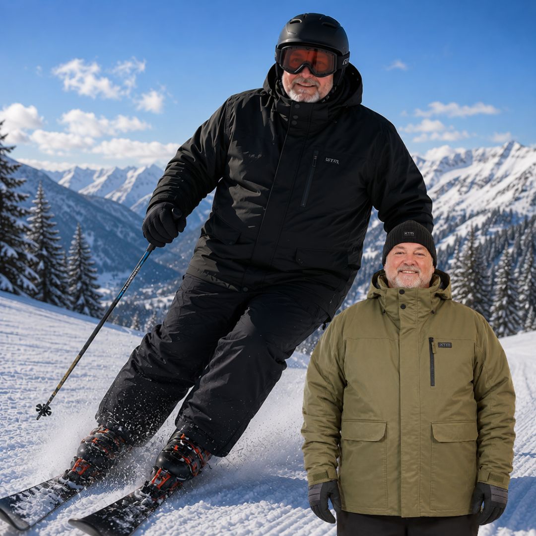 Two plus-size men standing in a snowy mountain setting under a blue sky. The man on the left is actively skiing in black gear, while the man on the right stands in the foreground wearing an olive green ski jacket.