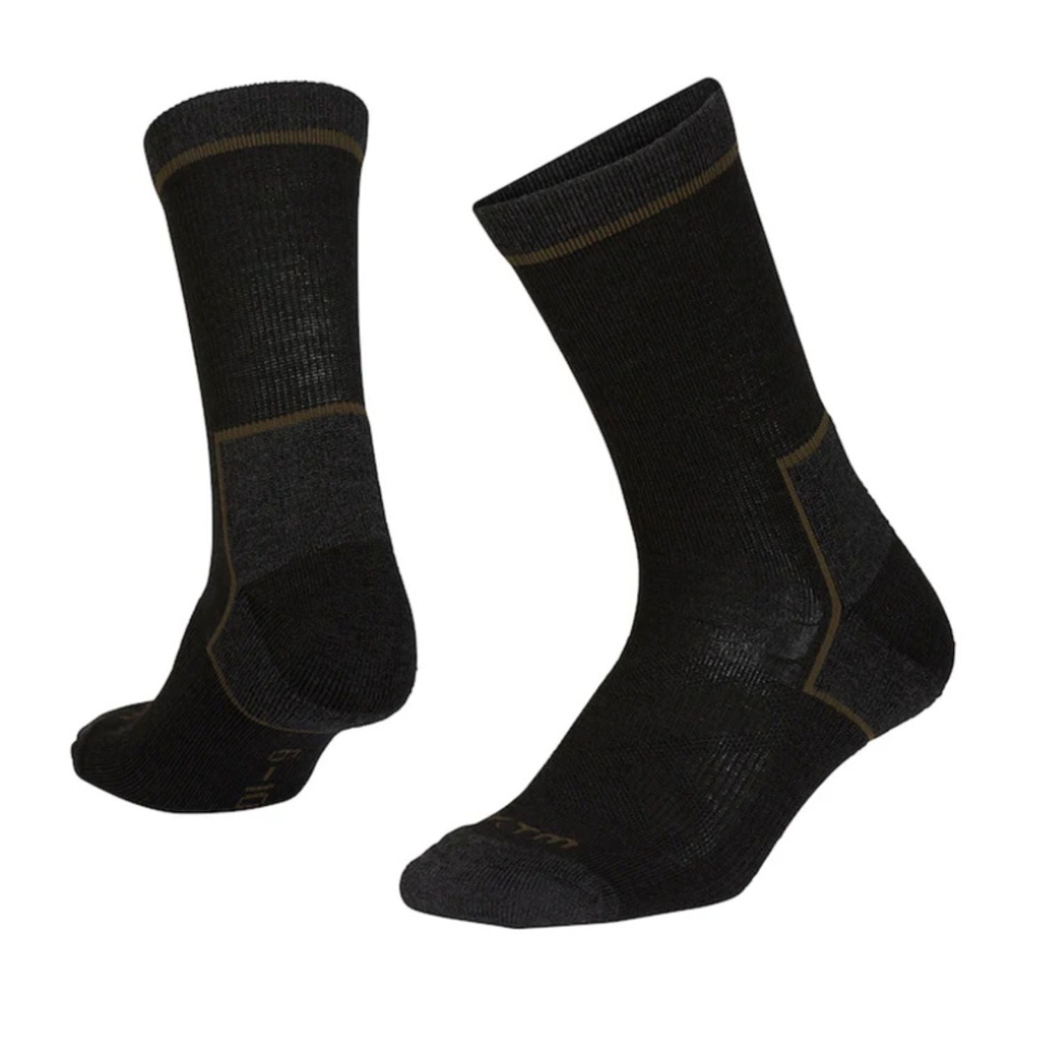 A pair of black crew-length travel socks with subtle olive green trim details, shown against a plain white background.