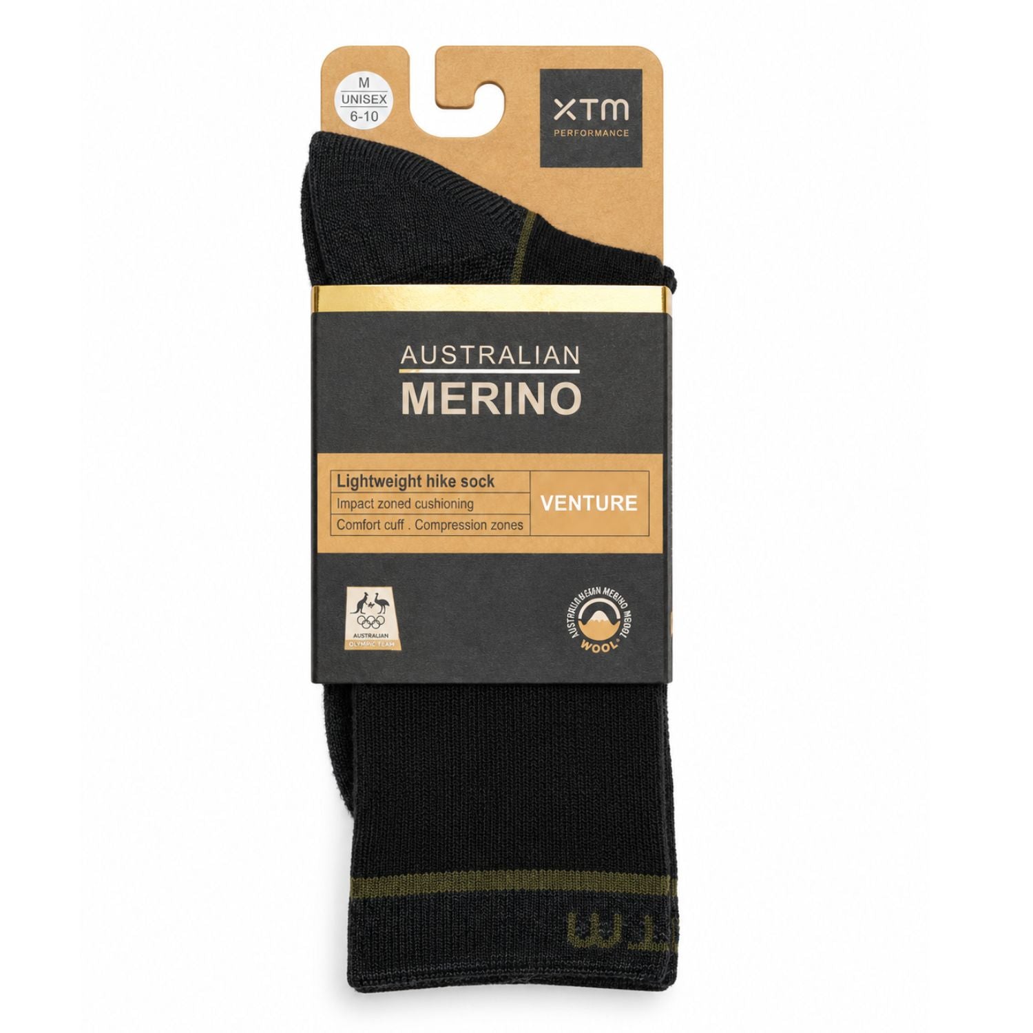 A pair of XTM Australian Merino lightweight hike socks in black with olive green stripes, packaged on a black and tan cardboard hanger against a white background.