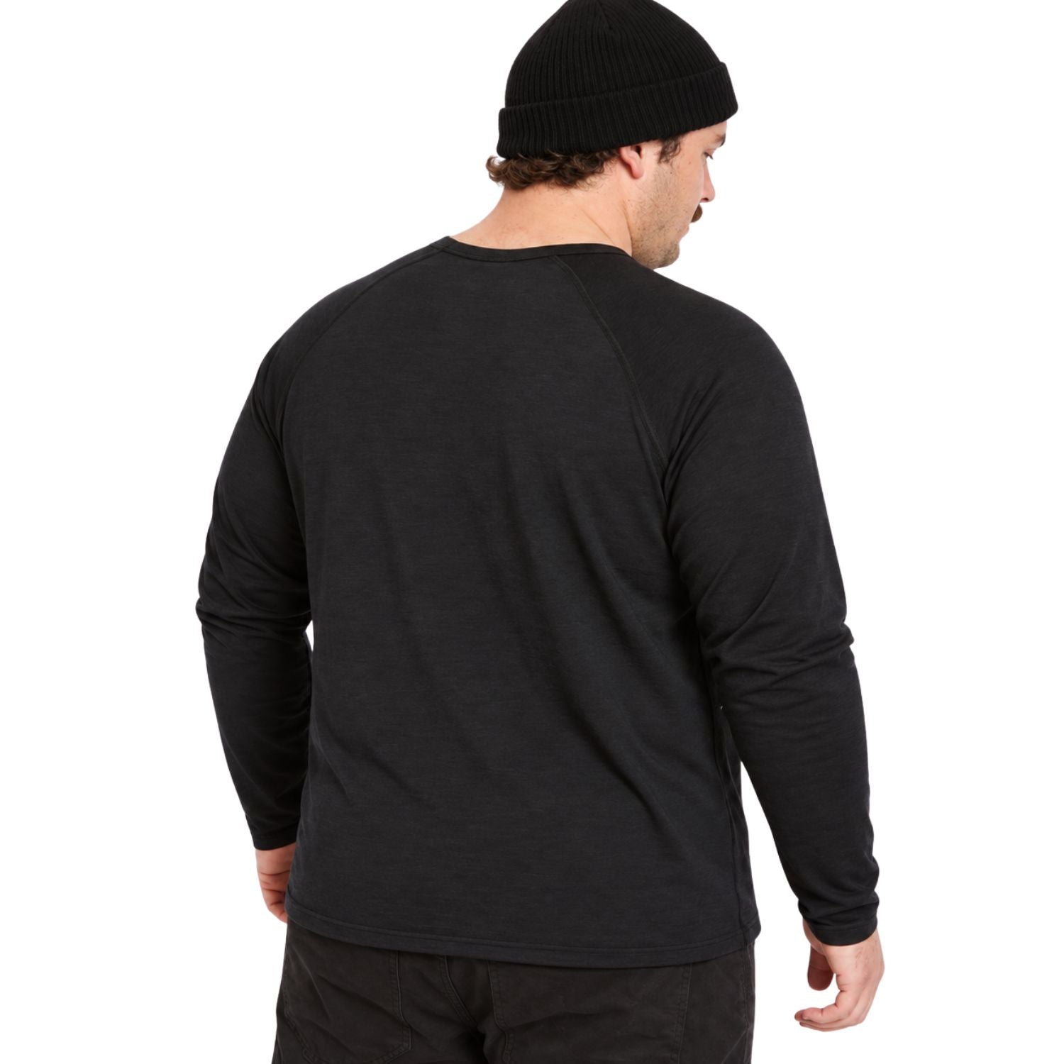 A plus size man man wearing a black long-sleeve raglan shirt and a black beanie, shown from the back against a plain white background.