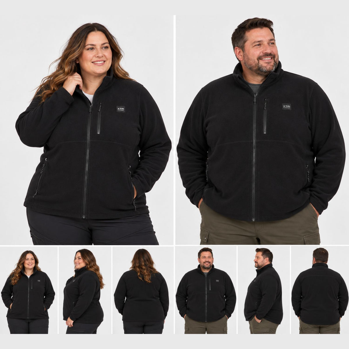 A collage showing a plus-size woman and big man modeling a black zip-front fleece jacket against a light gray studio background, with smaller side and back views along the bottom. A small chest logo appears to read XTM.