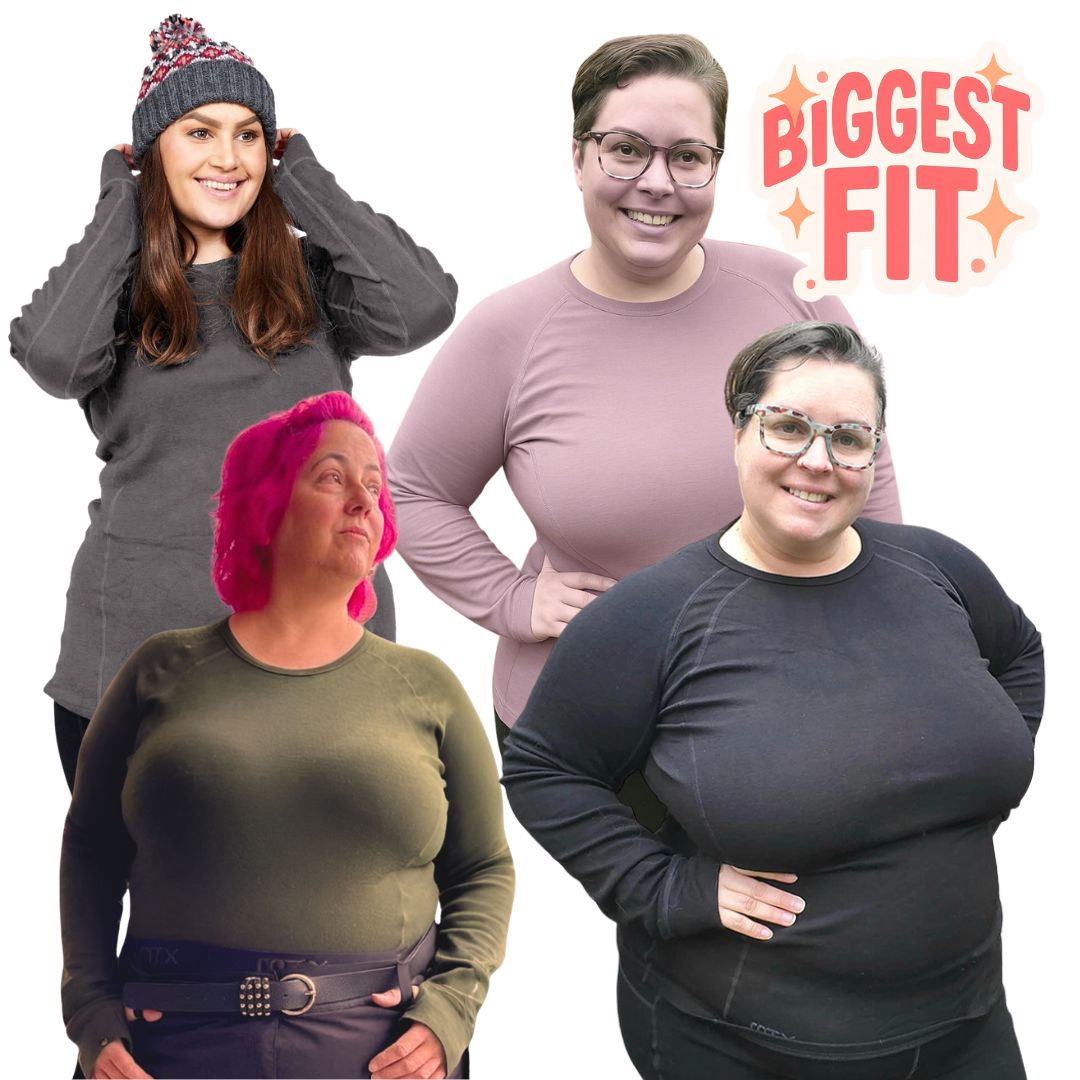 Women’s XTM Siberia Merino Wool Plus Size Thermal Top, long sleeve base layer for cold weather, available in XL to 7XL, hero image.
