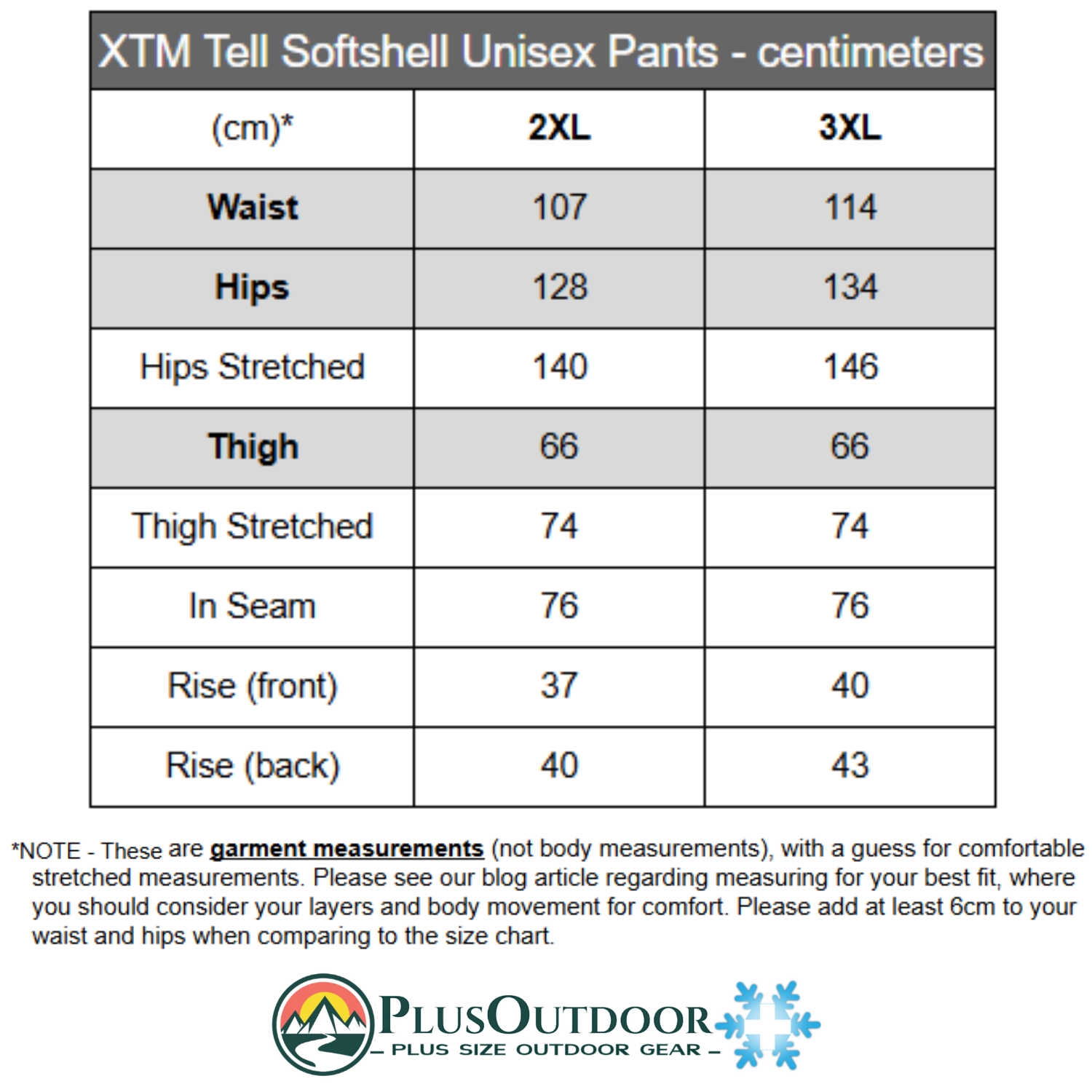 Size chart for XTM Tell Softshell Unisex Pants in centimeters, featuring PlusOutdoor logo.