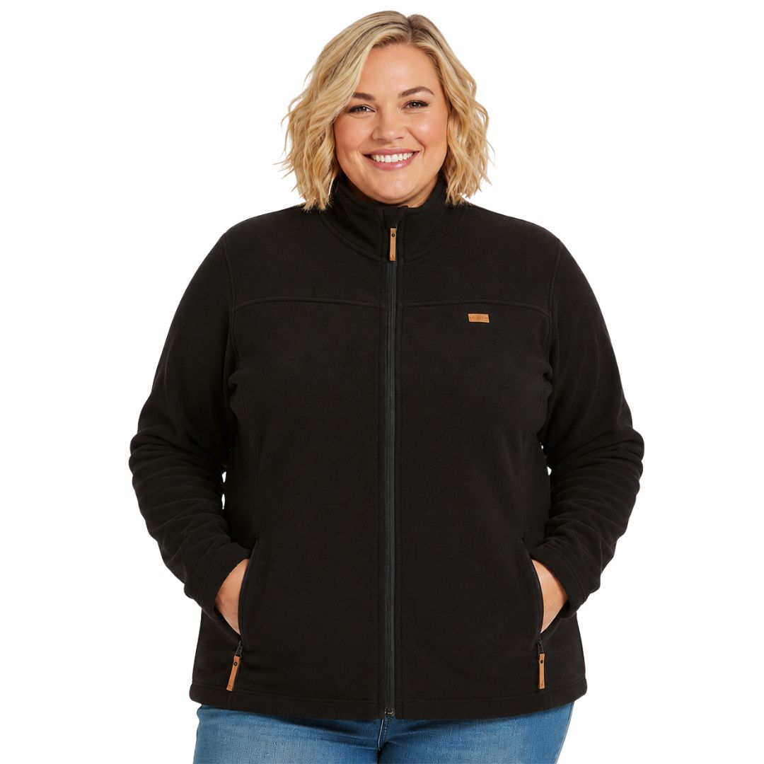 Front view of XTM Wanderer Women’s Plus Size Fleece Jacket in black.