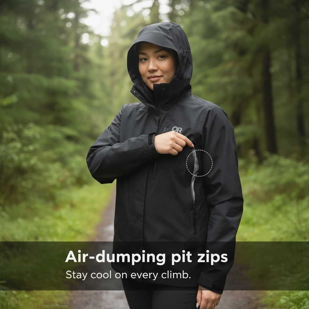 Infographic showing a woman unzipping the air-dumping pit zips on a black Outdoor Research rain jacket in a forest setting.
