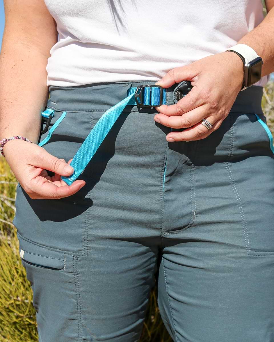 Alpine Parrot Ponderosa Pant River Fit in Grey with adjustable waist belt and stretch comfort fit, sizes 16–20.