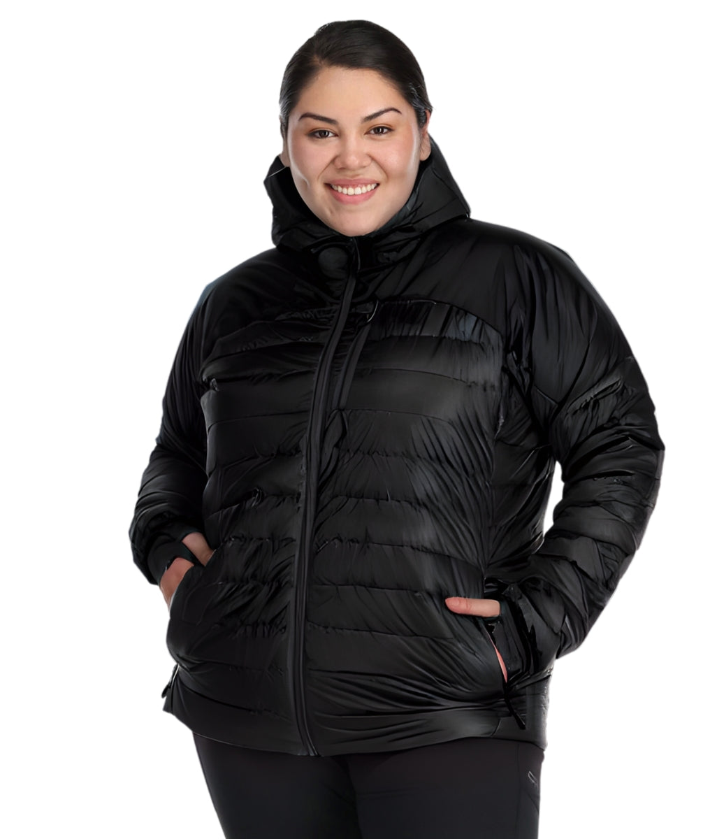 A woman plus size model wearing a black Outdoor Research Helium Hoodie down puffer jacket with a hood.