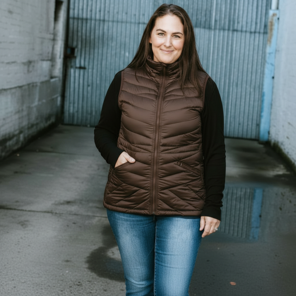 Plus-size woman wearing a brown plus-size down puffer vest and blue jeans standing in an alleyway.