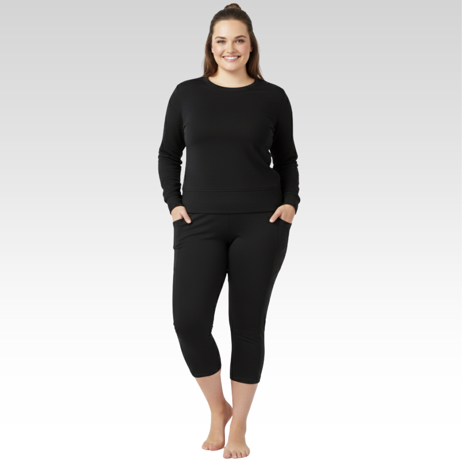 Polyanna Pocket Capri Thermals Black Womens Plus Sizes 16-30