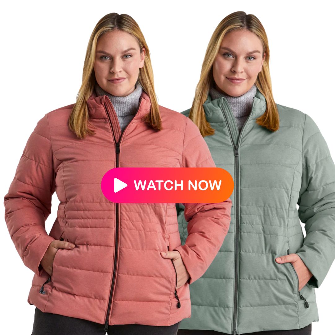 Front view of Stoy Mia Women’s Puffer Jacket, featuring lightweight quilted insulation, full zip closure, and comfortable plus size fit for sizes 22-28.