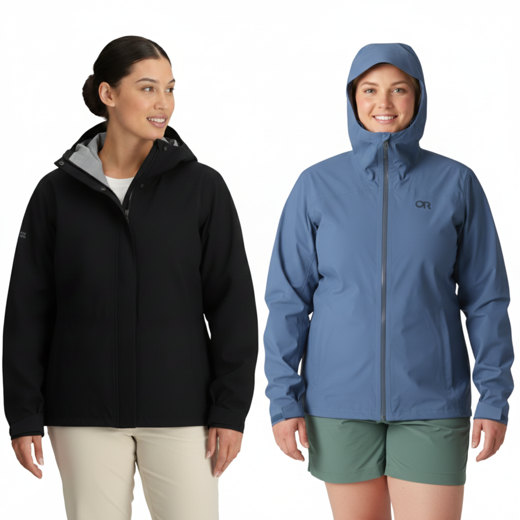 Plus Size Outdoor Research Plus Size Rain Coat - Stratoburst Jacket Black & Skyline - On Model Cover