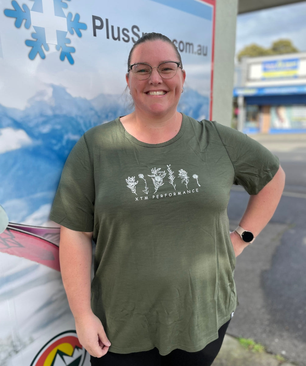 CLEARANCE - XTM Wildflower Merino Wool Women’s Plus Size T-Shirt Moss Size 16 - 20
