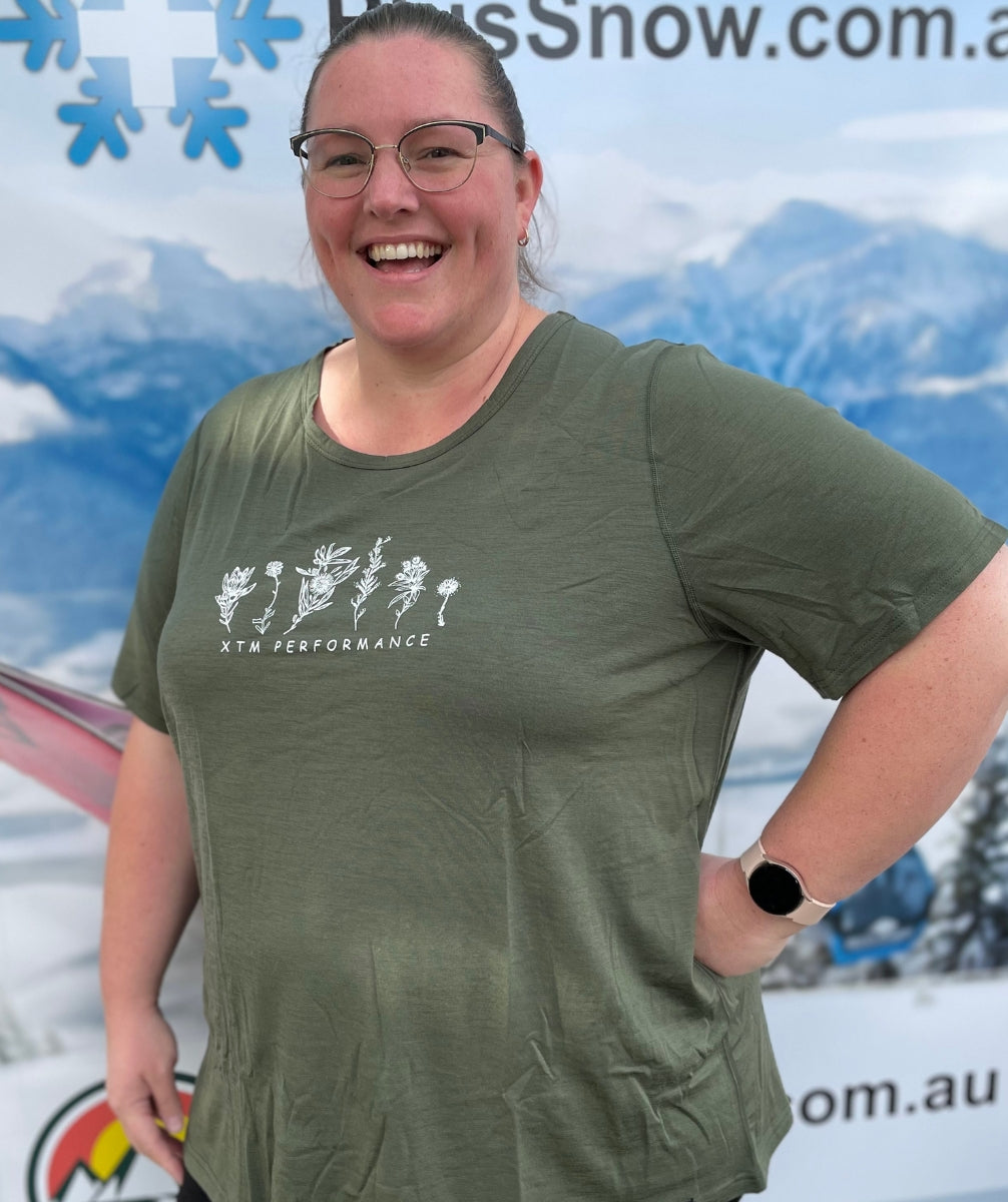 CLEARANCE - XTM Wildflower Merino Wool Women’s Plus Size T-Shirt Moss Size 16 - 20