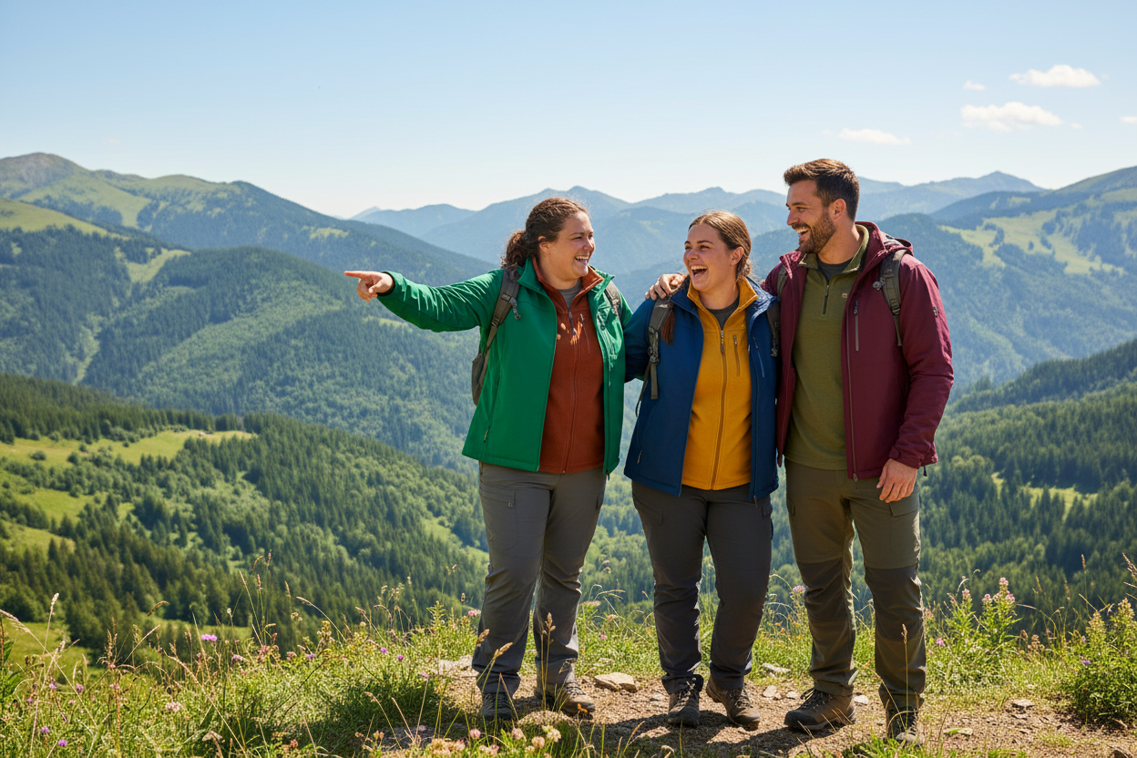 Two plus-size women and a plus-size man in technical outdoor clothing on a green mountain - shop plus-size jackets, pants & fleece on sale at Plus Outdoor Melbourne Australia