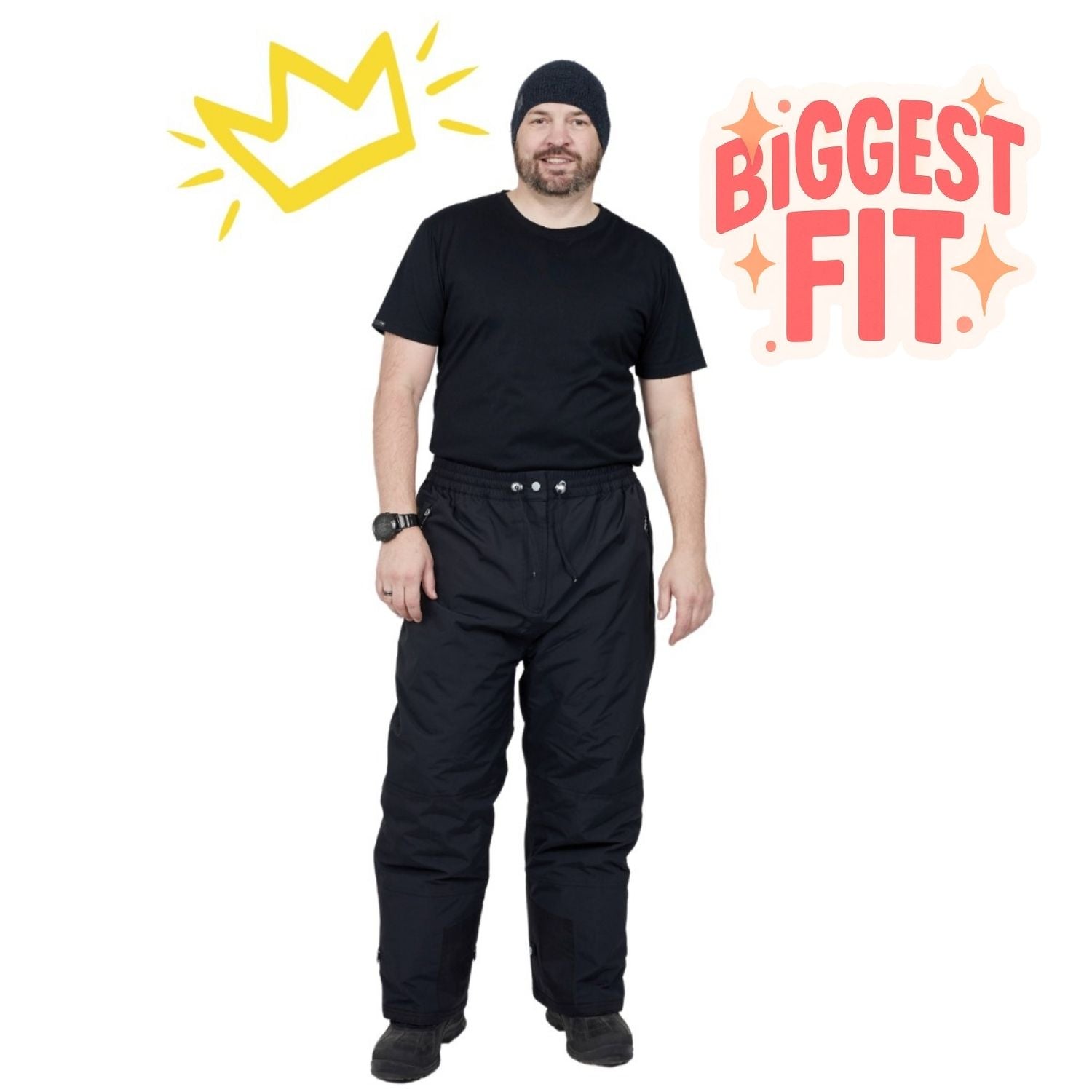King size man wearing black snow pants with a yellow crown graphic on a white background)