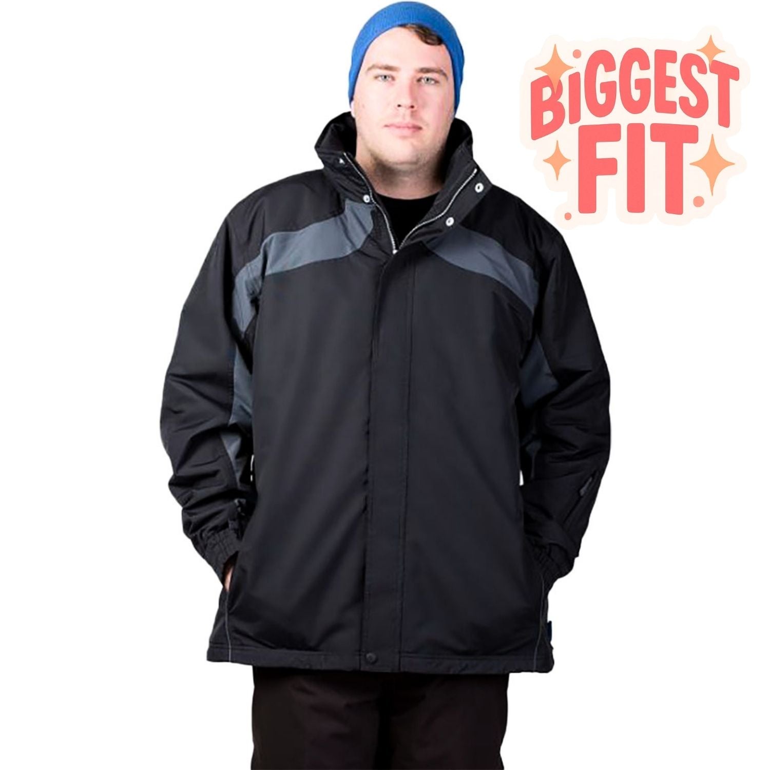 Front view of a man wearing a blue beanie and the black Aggress Treblecone Men's Plus Size Snow Jacket with grey chest panels.