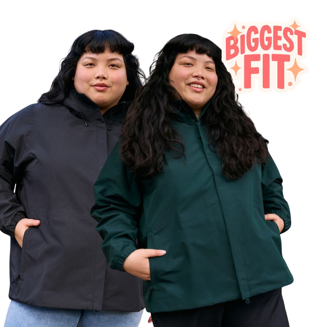 Amble elements plus-size rain jacket in black and eucalytpus from Plus Outdoor Melbourne