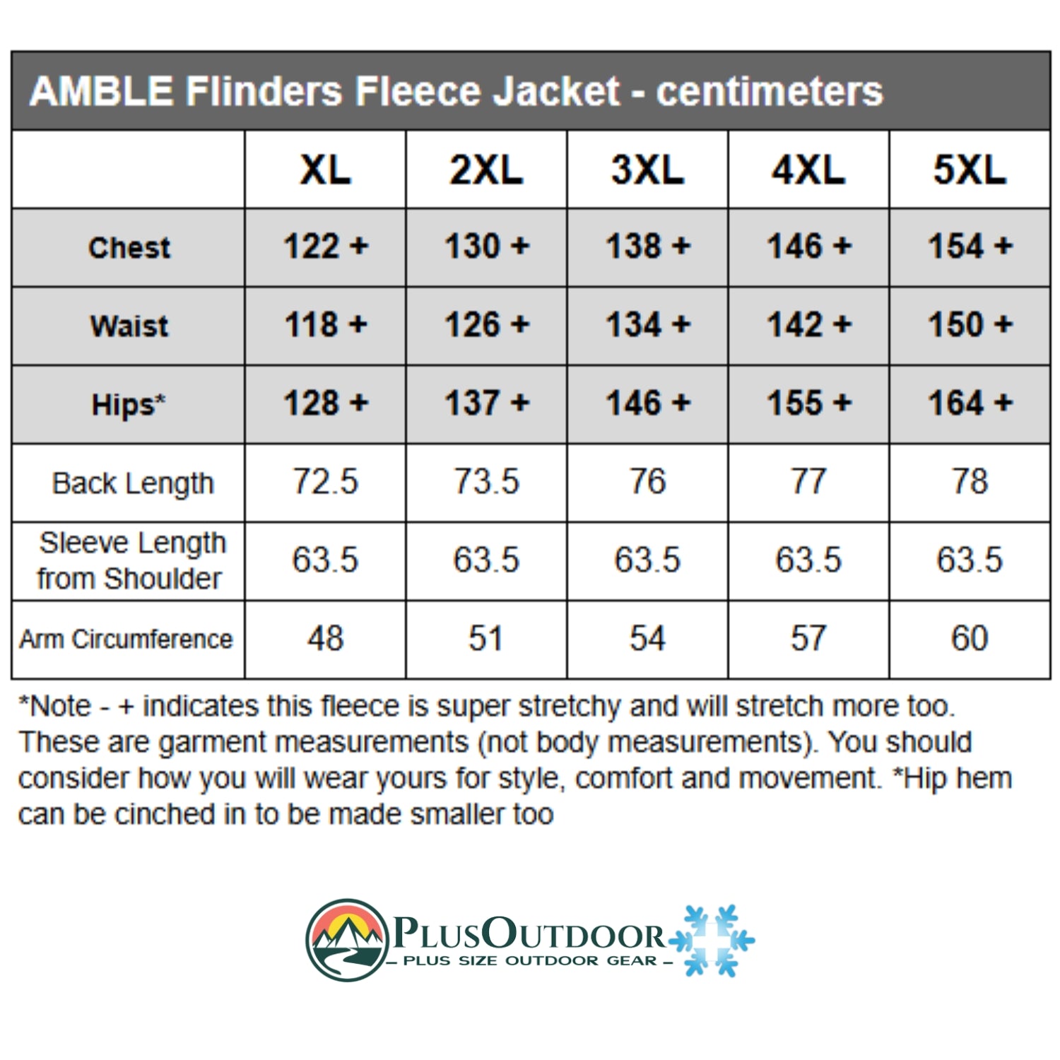 Measurement chart for AMBLE Plus Outdoor Flinders Fleece Jacket in centimeters with PlusOutdoor logo.