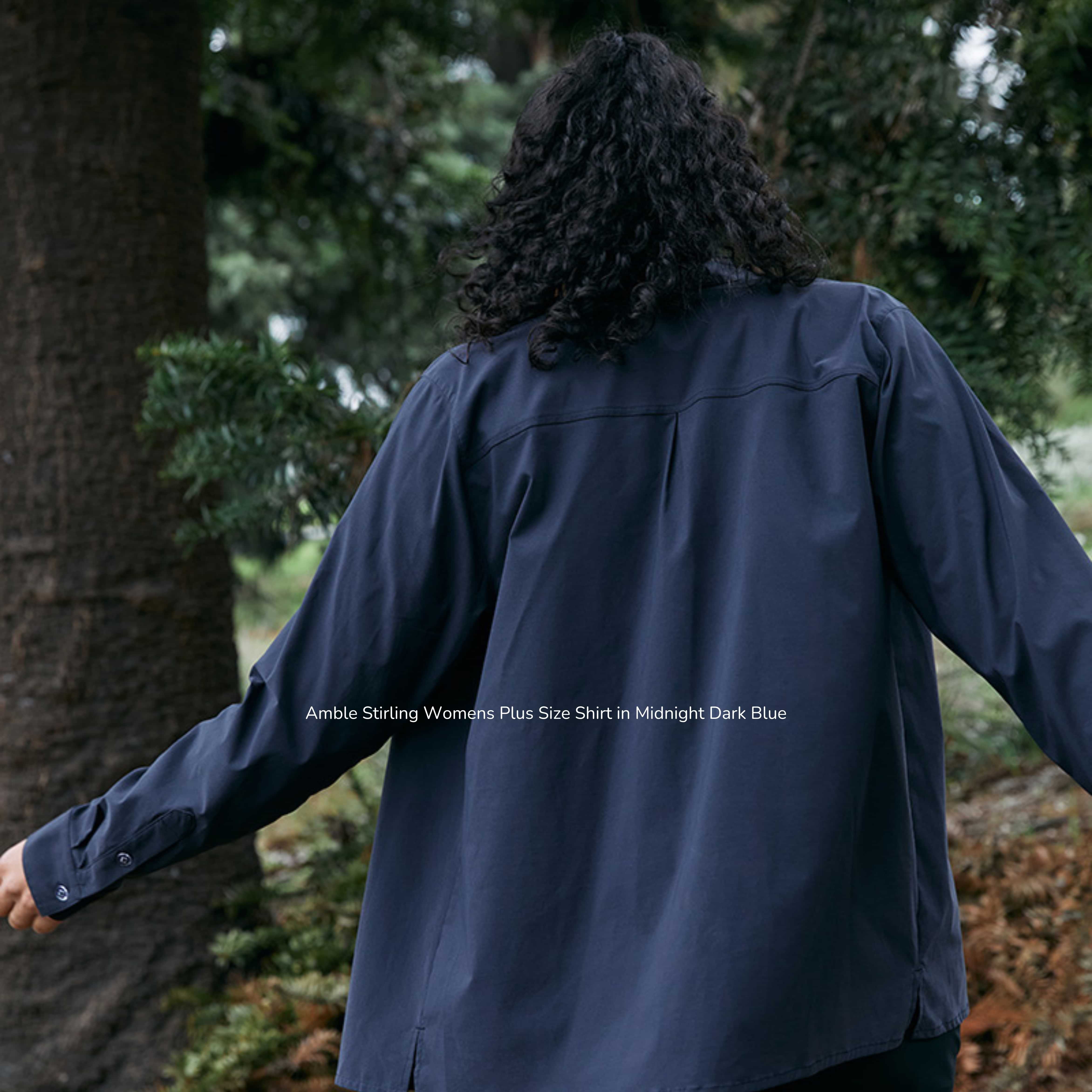 Amble Stirling Women’s Plus Size Shirt in Midnight Dark Blue, lightweight outdoor long sleeve with relaxed fit, sizes 2XL–4XL.