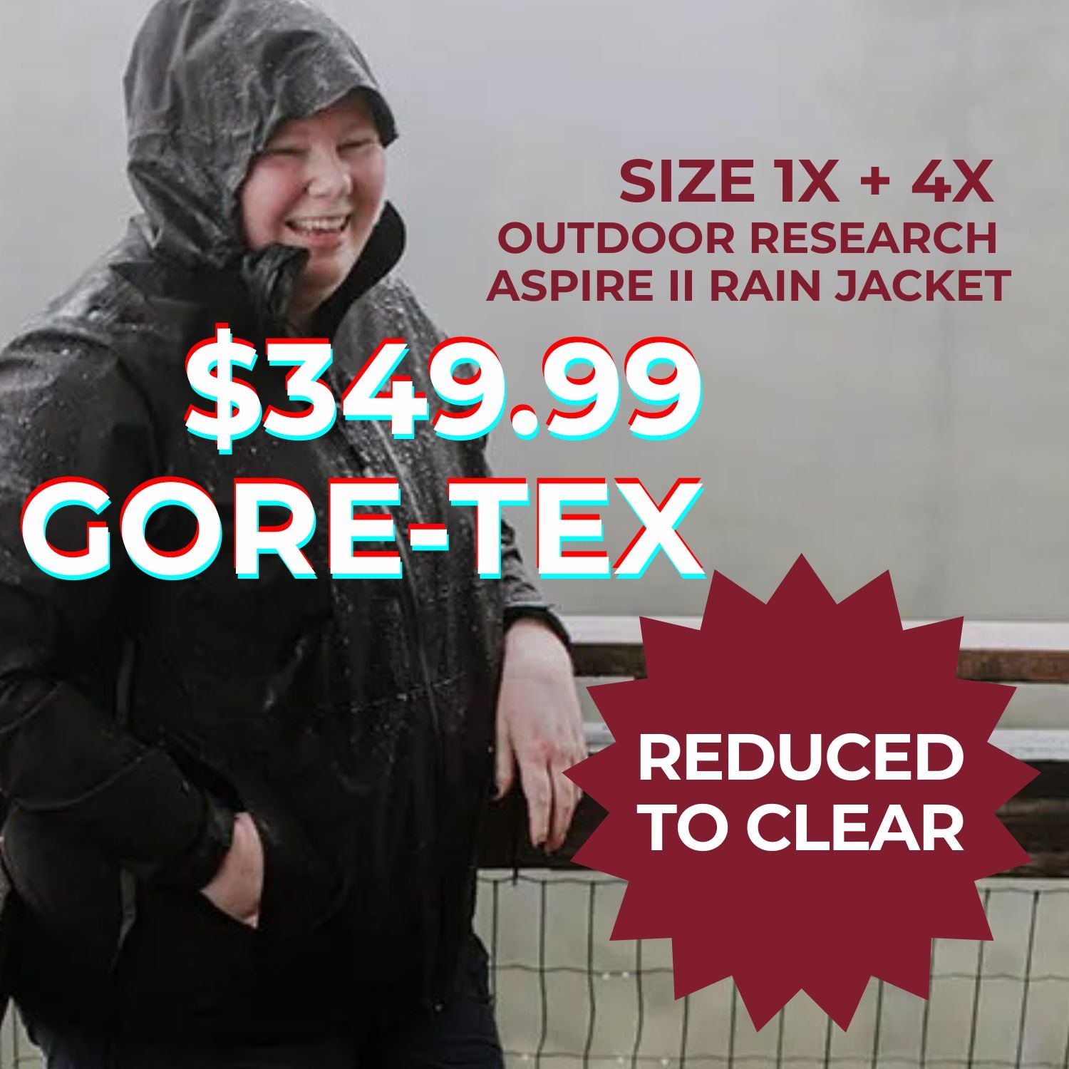 Plus size smiling woman wearing a rain jacket with promotional text for Outdoor Research Aspire II Gore-tex Rain Jacket which is on sale and reduced to clear..