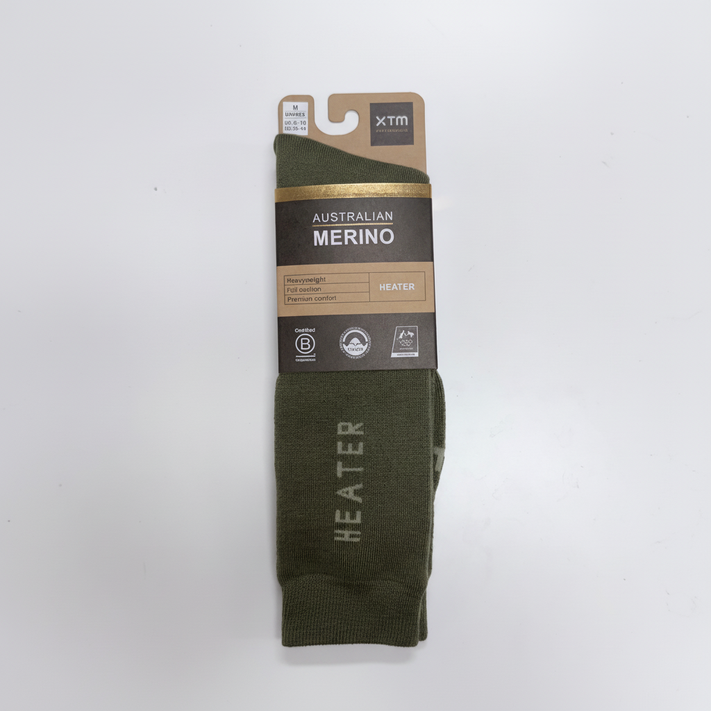 XTM Heater Merino Wool Blend Winter Socks in Kalamata olive green - warm Australian merino wool socks for outdoor activities, plus sizes 2-14