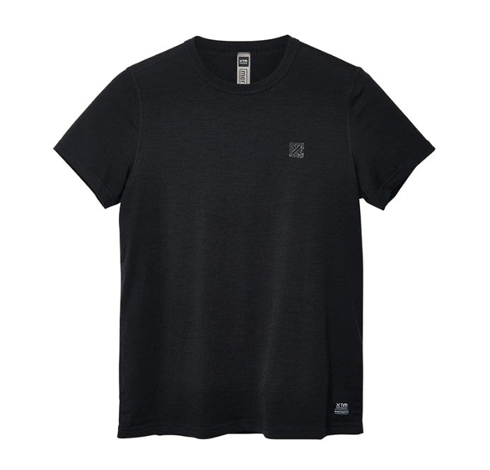A black short-sleeve crewneck t-shirt with a small white geometric logo on the left chest and a small white brand tag near the bottom hem, shown on a plain white background.