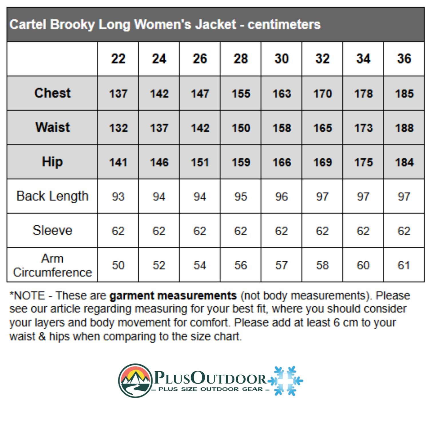 Brooky Long Stretch Jacket Womens Size chart
