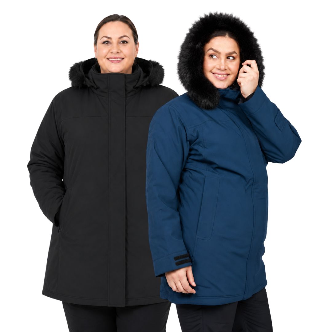Product composite showcasing the black and tidal blue colorways of the Brooky Long Stretch Jacket with faux-fur hoods.