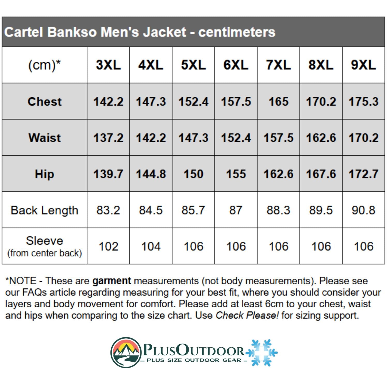 Size chart for Cartel Bankso Men's Jacket in centimeters with Plus Outdoor logo.