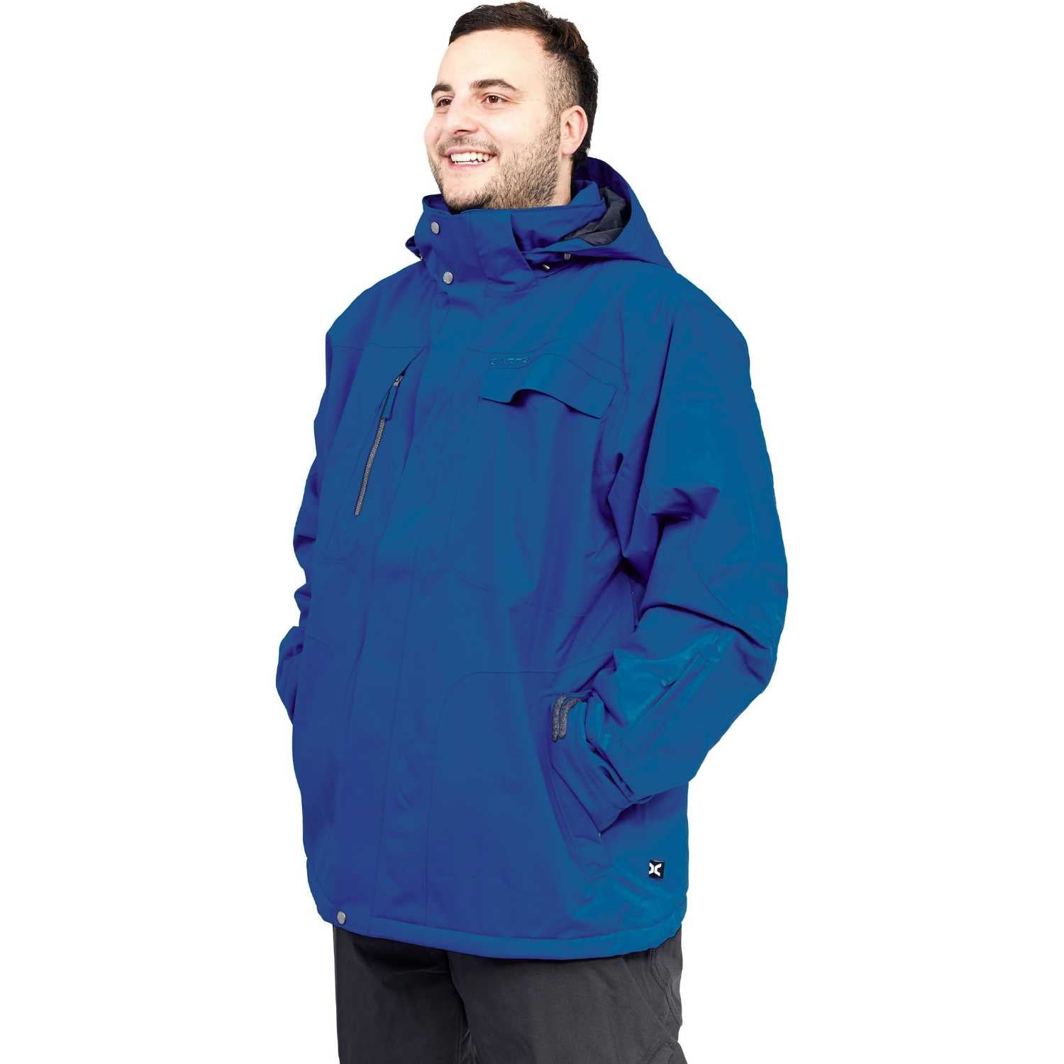 A man wearing a plus size royal blue hooded ski jacket with a high collar and zippered chest pocket, shown from the waist up against a plain white background.
