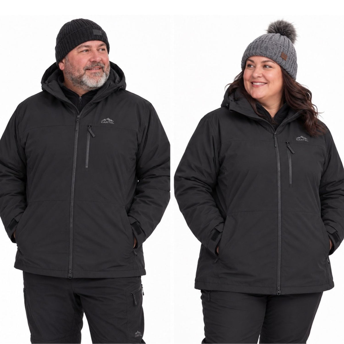 A big man and a woman modeling black outdoor jackets and snow pants against a plain white background. The man wears a black beanie, and the woman wears a gray knit pom-pom beanie.