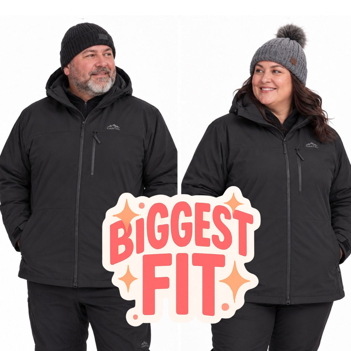 A plus-size man and a woman wearing black insulated winter jackets and knit beanies, standing against a white background with a large pink and white 'BIGGEST FIT' graphic overlay at the bottom.