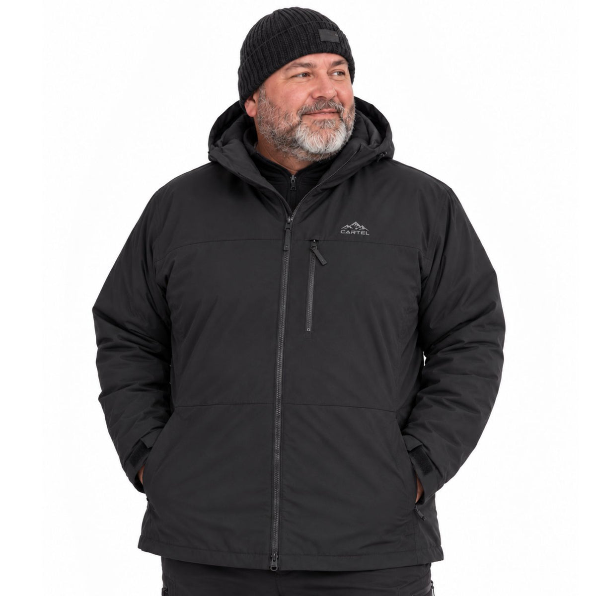 A man wearing a black hooded winter jacket with a full front zipper and a zippered chest pocket, paired with a black knit beanie, photographed against a plain white background.
