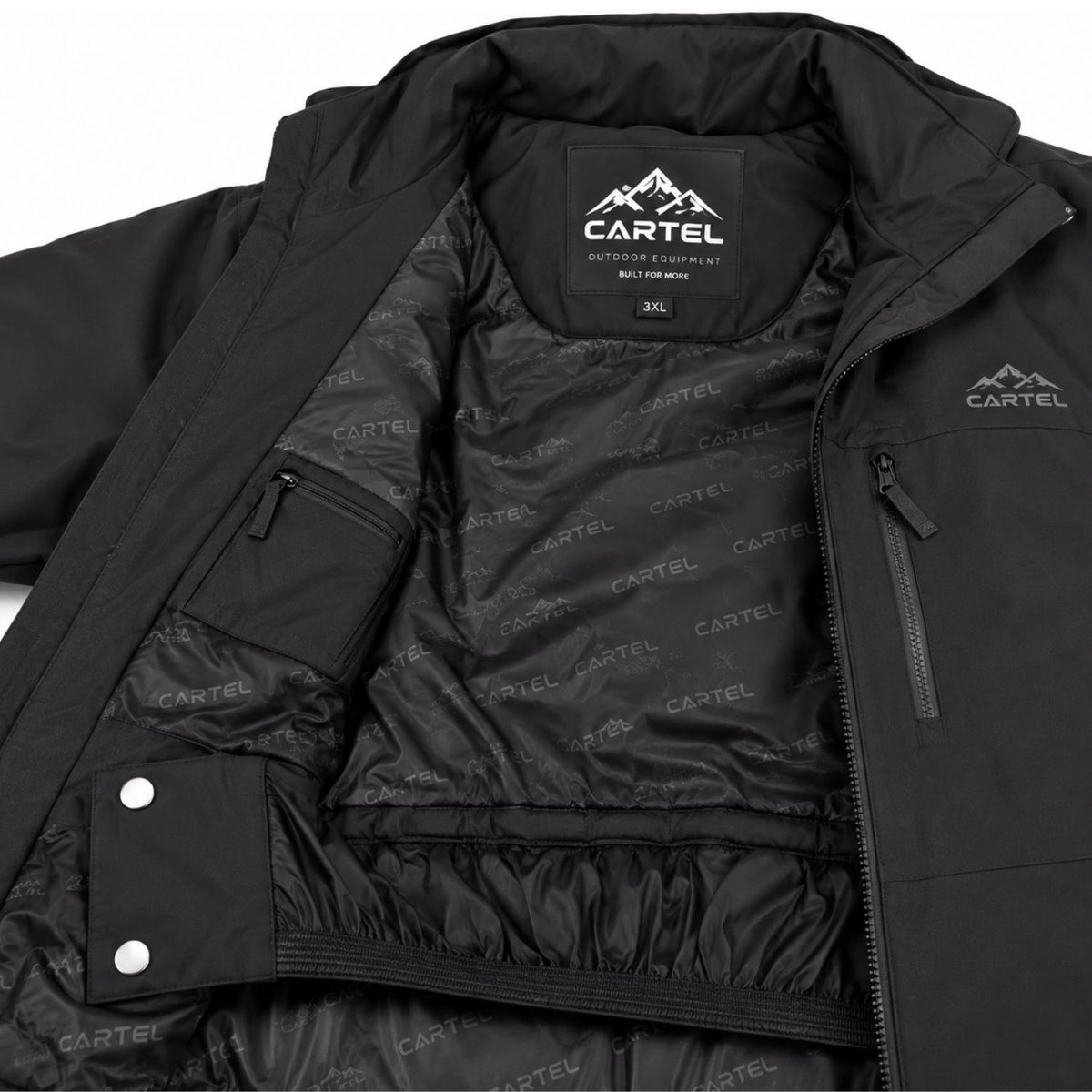 A black Cartel softshell jacket shown open, displaying the black patterned inner lining with the Cartel logo repeated across it. The brand name 'CARTEL' is clearly visible on the inner neck label and the left chest.