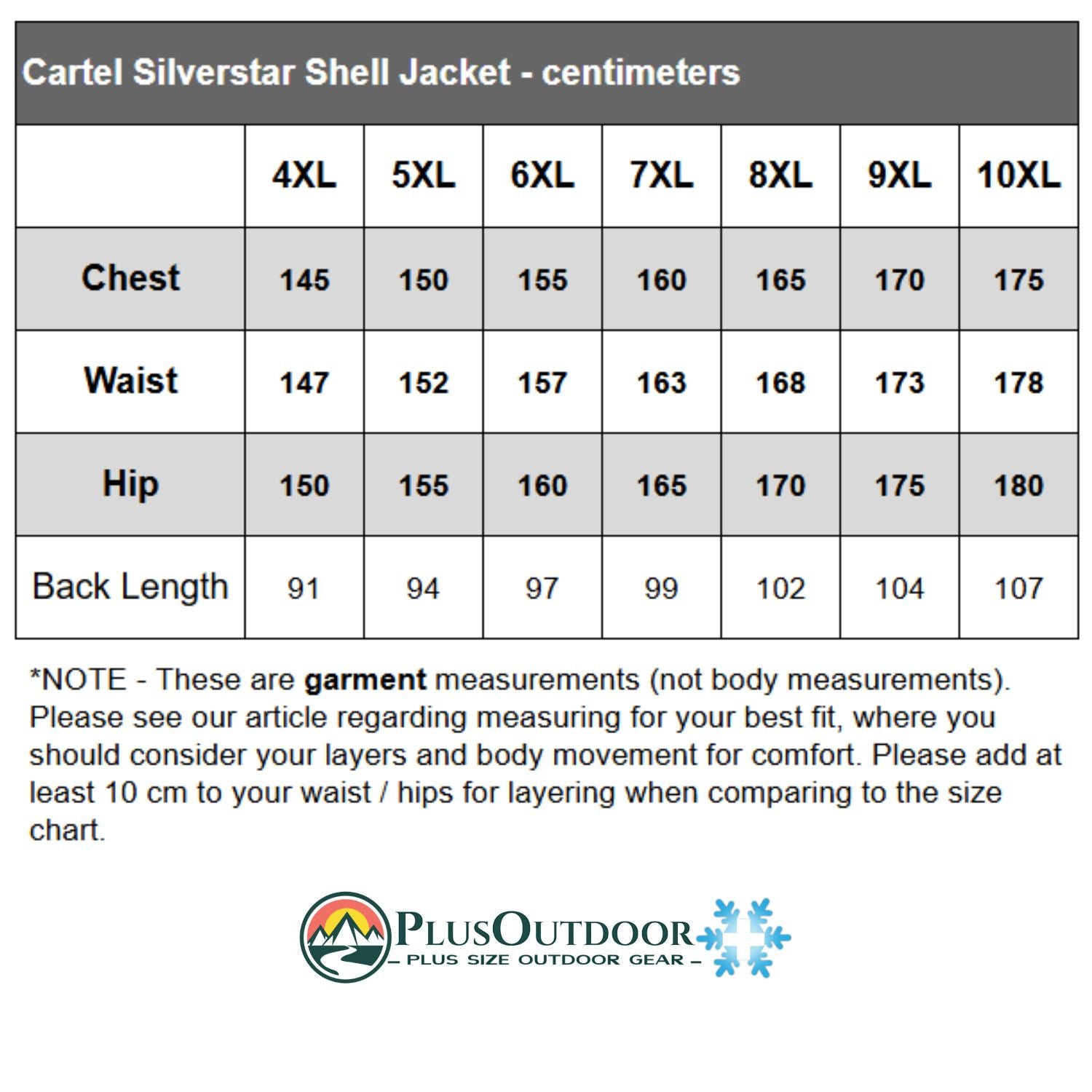 Cartel Silverstar Shell Jacket Unisex Plus Size size chart