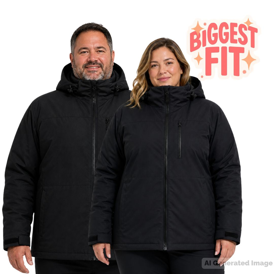 Product composite graphic for the Cartel Silverstar Shell Jacket Unisex Plus Size, showing a man and a woman modeling the black hooded outerwear.