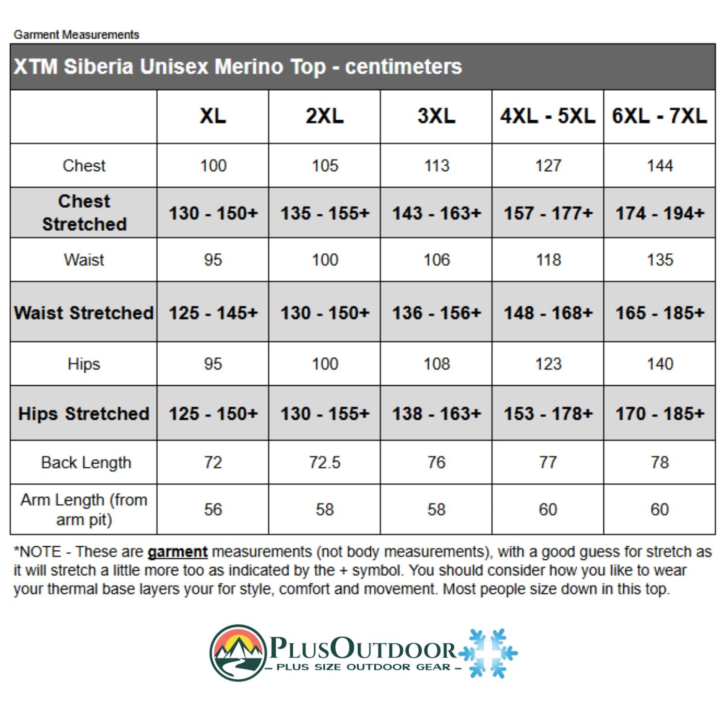 A garment measurement chart for XTM Siberia Unisex Merino Wool Top, showing chest, waist, hips, back length, and arm length measurements in centimeters for sizes XL through 7XL, with stretch guidance and the Plus Size Outdoor Gear plus-size mens base layer